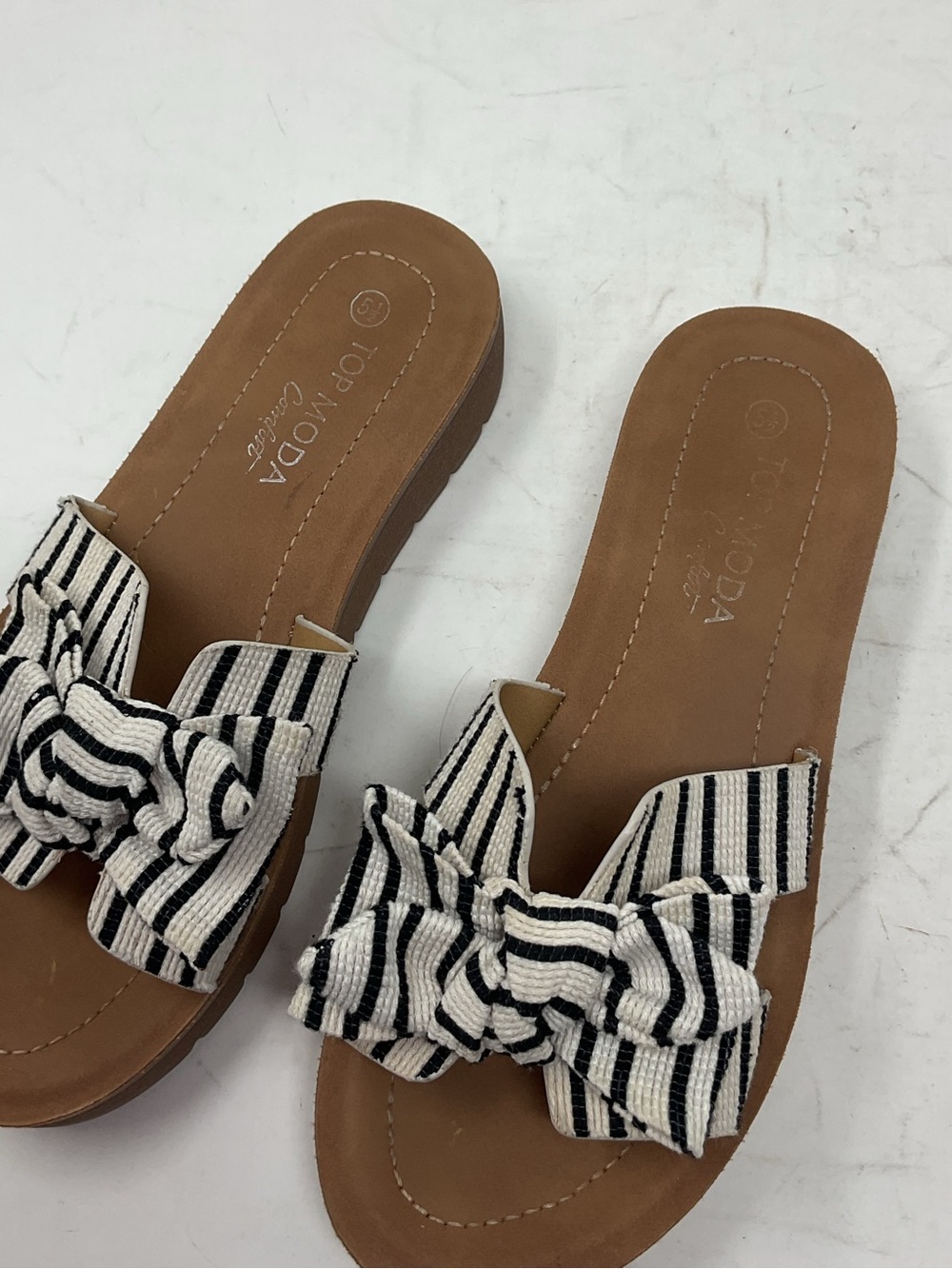 TOP Moda Black & Cream Striped Bow Slide Sandals